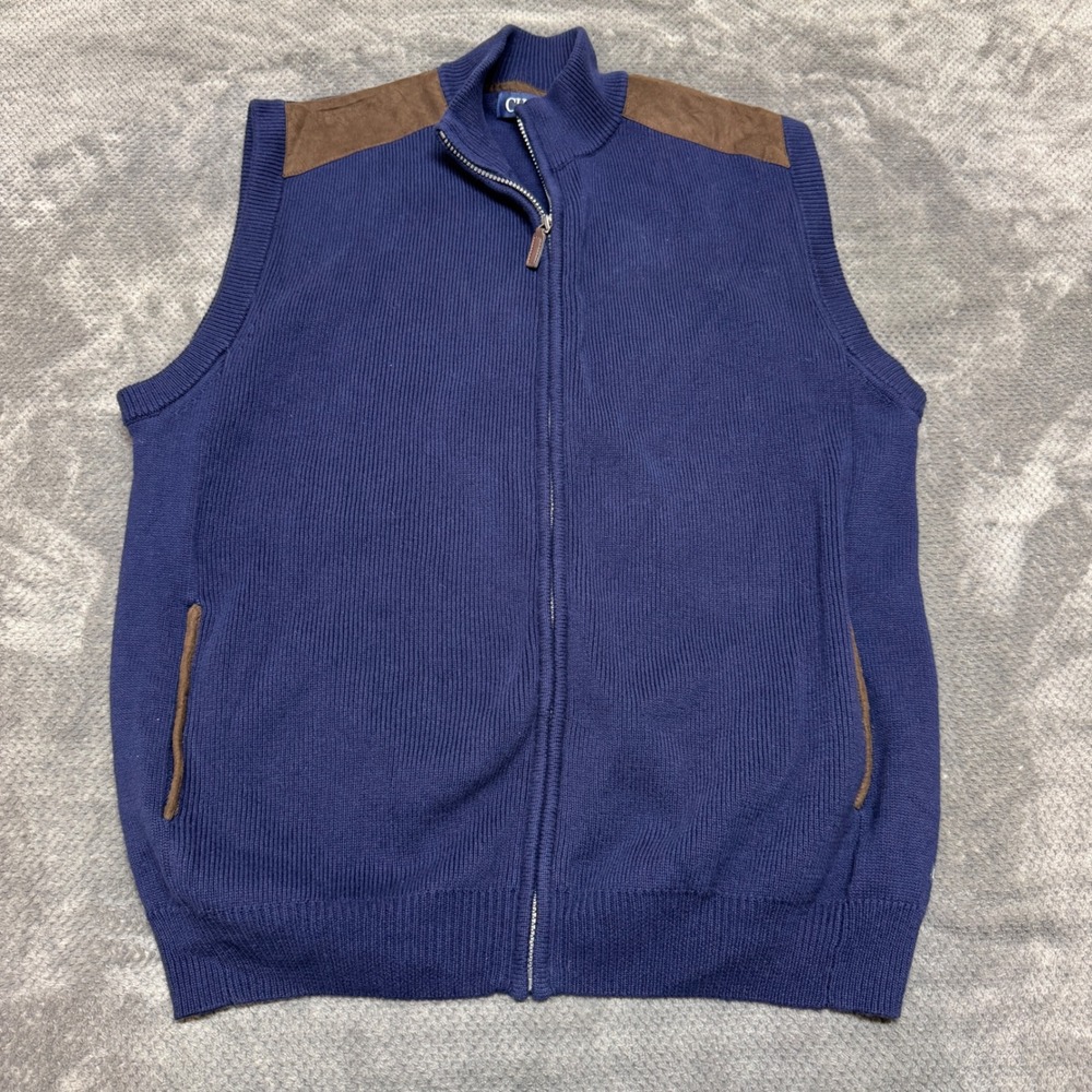 Chaps Mens XL Navy Blue Full Zip Cotton Knit Sweater Vest Faux Suede Cardigan